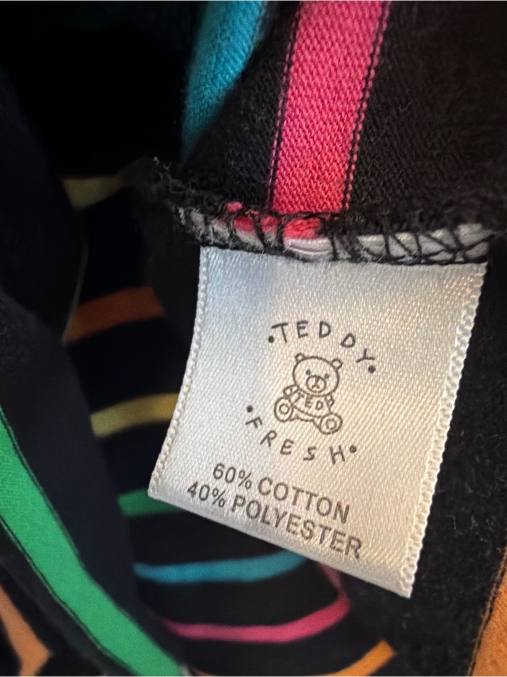 Teddy Fresh Rainbow Stripe Bear Logo Tee Black Short Sleeve T-Shirt Size Small - Picture 8 of 9